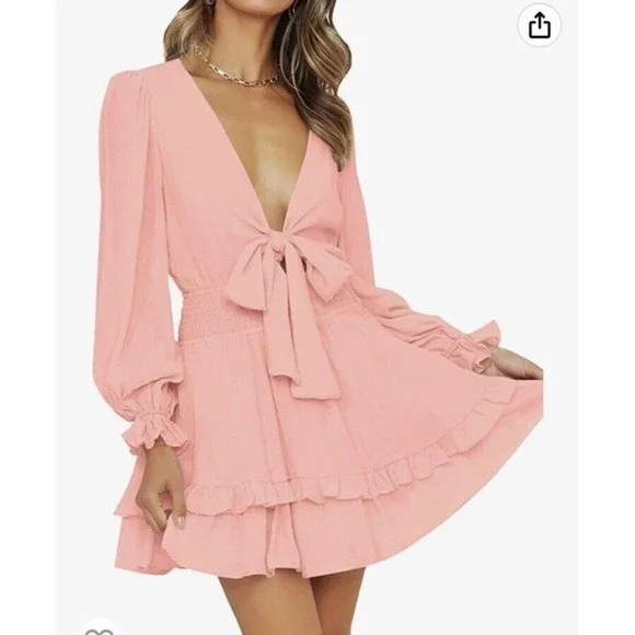 zescia womans sexy long sleeve dress w/tie, smocked waist sz womans sm NWT - Picture 4 of 14